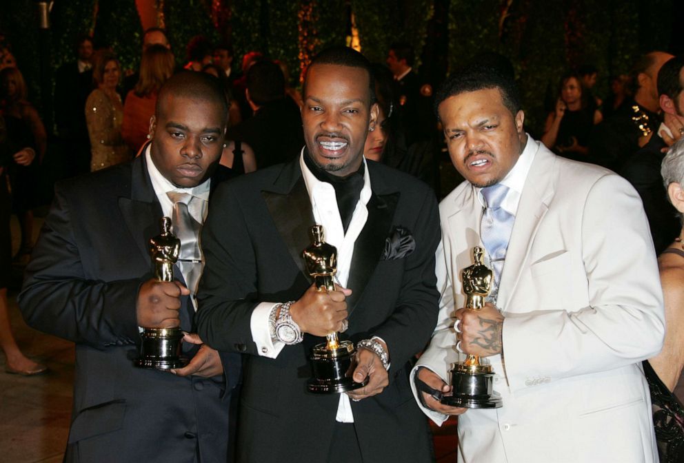 PHOTO: Cedric Coleman, Jordan Houston and Paul Beauregard of Three 6 Mafia, win the Oscar for Best Song, March 5, 2006, in Hollywood, Calif.