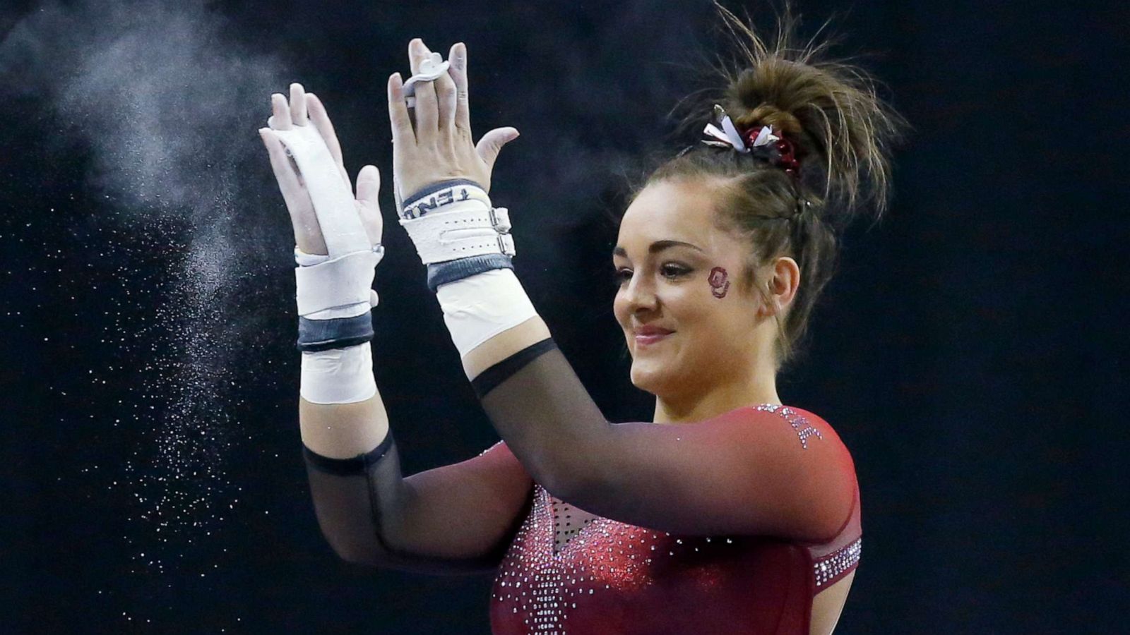 PHOTO: Oklahoma gymnast Maggie Nichols reacts after her routine on the uneven bars in the Perfect 10 Challenge at the Bart and Nadia Sports Experience in Oklahoma City, Feb. 16, 2019.