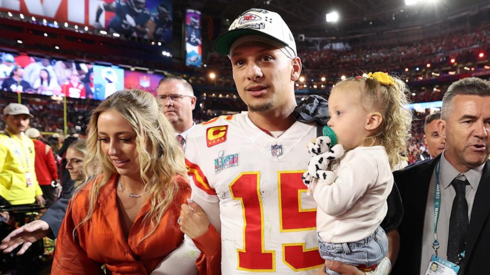 PHOTO: Patrick Mahomes #15 of the Kansas City Chiefs celebrates with his wife Brittany Mahomes and daughter Sterling Skye Mahomes after the Kansas City Chiefs beat the Philadelphia Eagles in Super Bowl LVII, Feb. 12, 2023, in Glendale, Ariz.