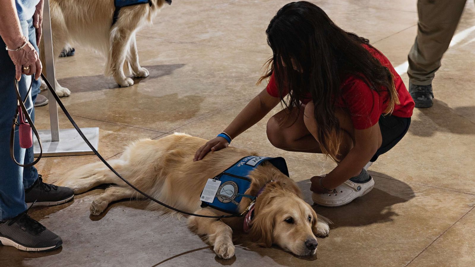 PHOTO: A young girl pets a comfort dog at a vigil, May 25, 2022 for the 21 people killed at Robb Elementary School on May 24 in Uvalde, Texas.