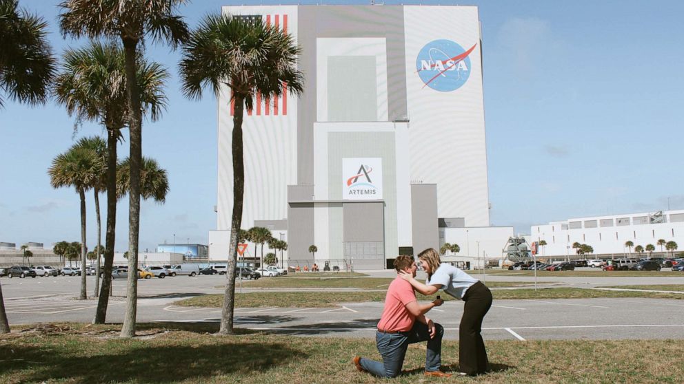 PHOTO: Brooke Weber and Jared Merenuk get engaged at NASA's Kennedy Space Center in Florida. 