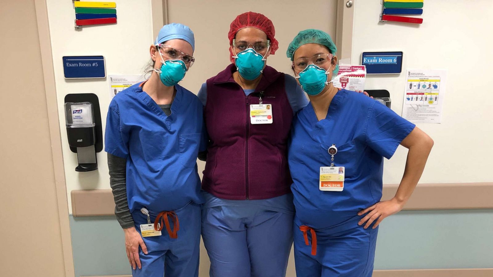 PHOTO: As a new coronavirus hotspot emerges in Maryland, 3 pregnant doctors, Dr. Michele Callahan (left), Dr. Elizabeth Clayborne (middle), and Dr. Tu Carol Nguyen (right), opt to continue working on the front lines of Prince George Hospital Center.