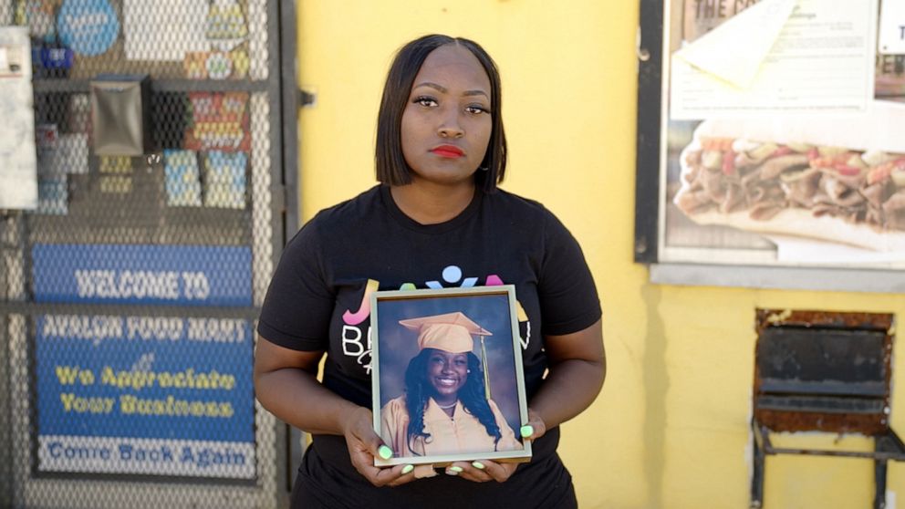 PHOTO: Nyisha Beemon stands in front of the convenience store where her 18-year-old daughter, Jaya Beemon, was murdered. 