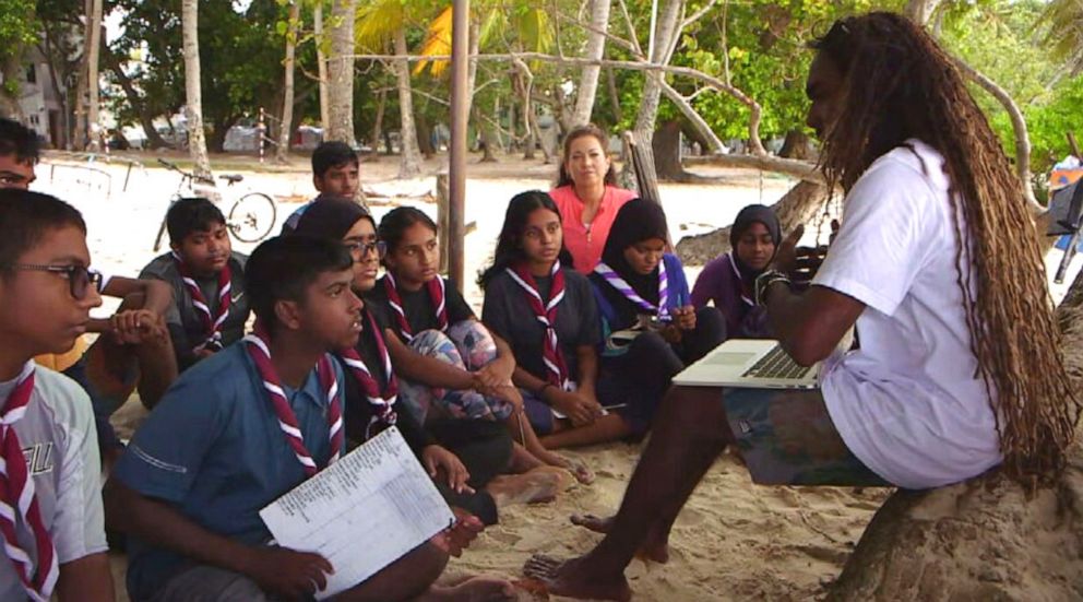 PHOTO: Ginger Zee sits in a class taught by Bebe Ahmed of “Save the Beach” in Viligili, Maldives