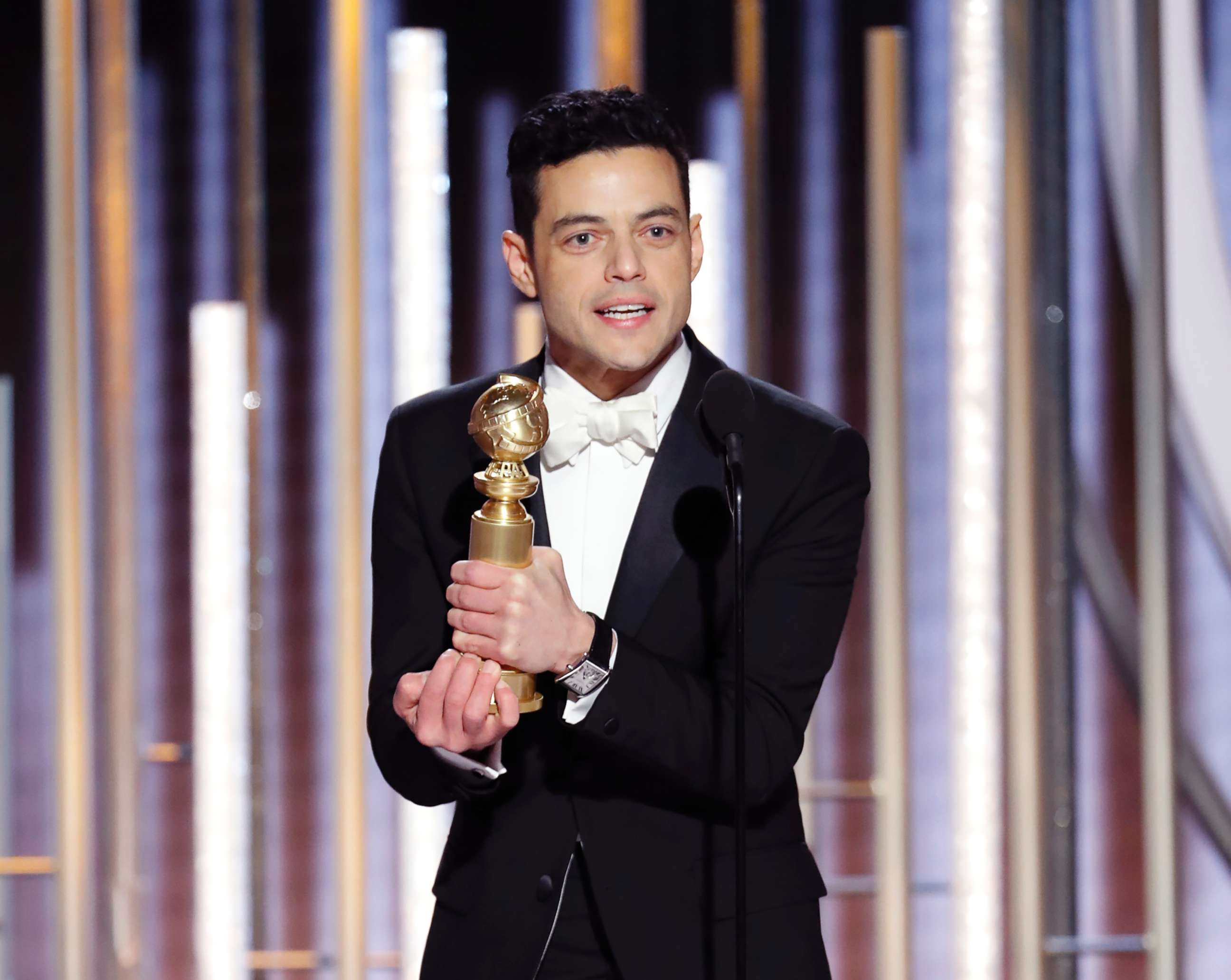 PHOTO: Rami Malek accepts the award for Best Actor in a Motion Picture Drama for his role as Freddie Mercury in "Bohemian Rhapsody" during the 76th Annual Golden Globe Awards, Jan. 6, 2019, in Beverly Hills, Calif.