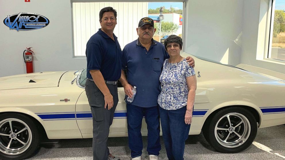 PHOTO: Rudy Quinones, owner of Renown Auto Restoration in San Antonio, is seen in a recent photo with Albert Brigas and his wife wife of 44 years, Sylvia Brigas.