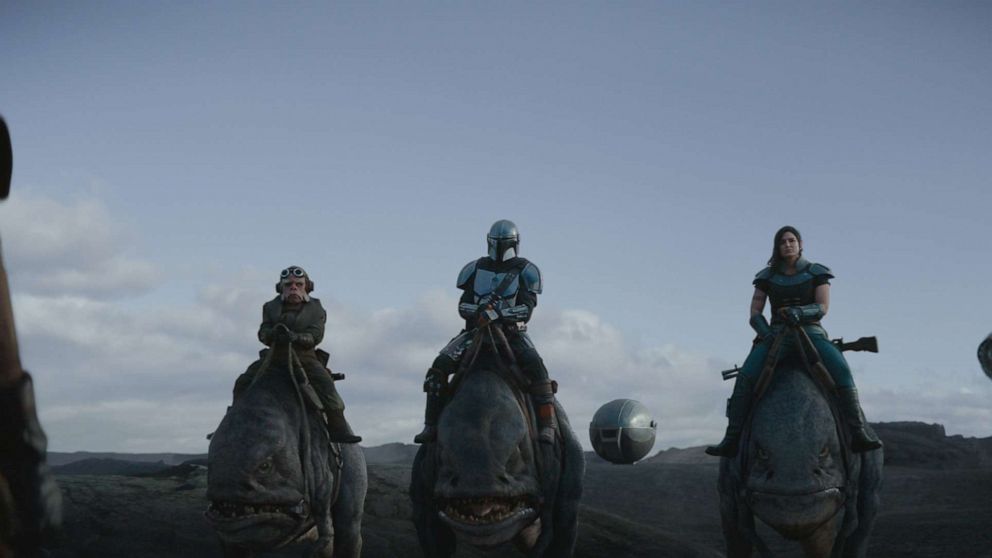 PHOTO: Carl Weather, as Greef Carga, left, Nick Nolte, as Kuiil, Pedro Pascal, as the Mandalorian, and Gina Carano, as Cara Dune, in a scene from "The Mandalorian."