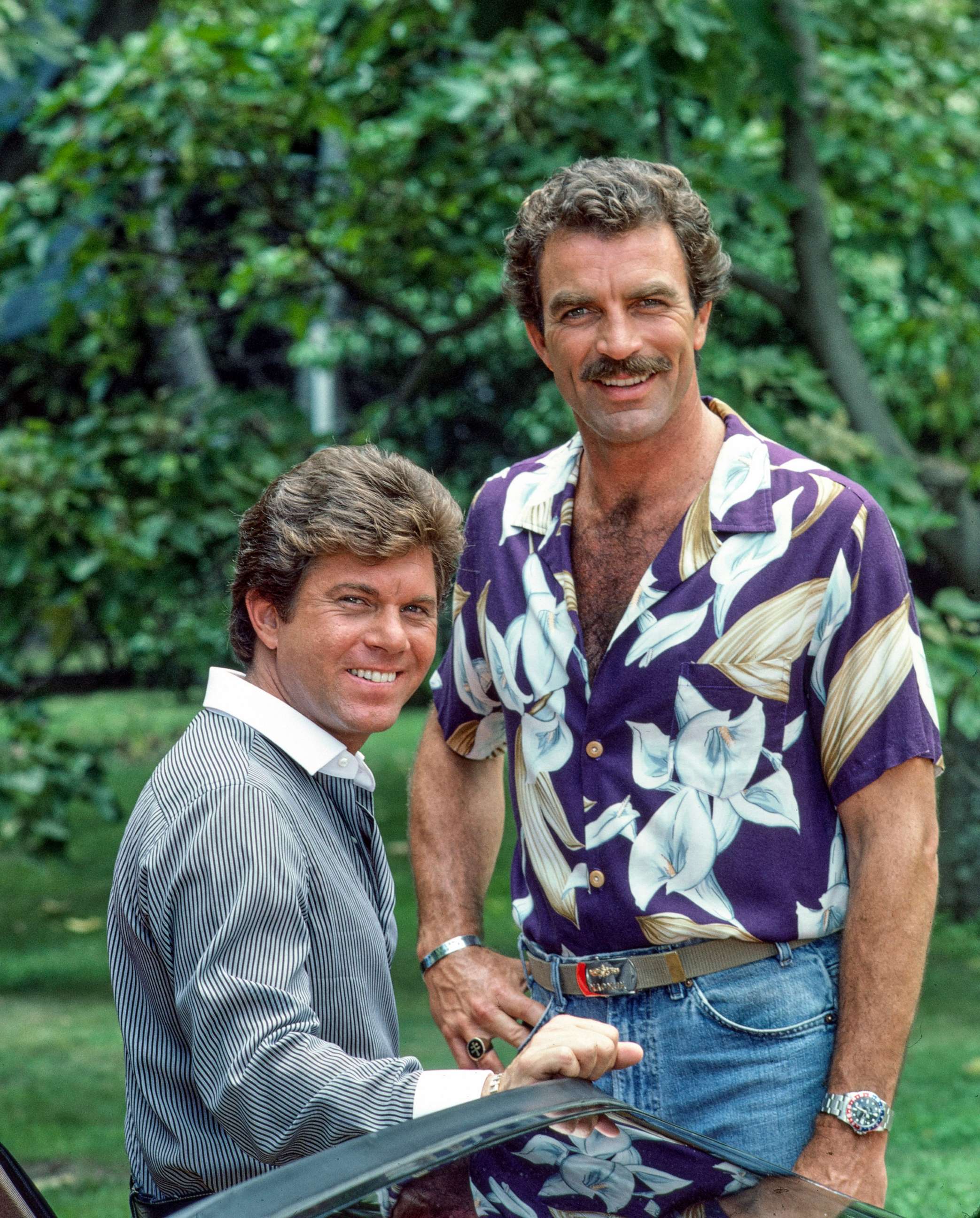 PHOTO: Larry Manetti, as Orville 'Rick' Wright, and Tom Selleck, as Magnum, in the CBS television series, "Magnum, P.I." in Honolulu, Hawaii, circa 1986.