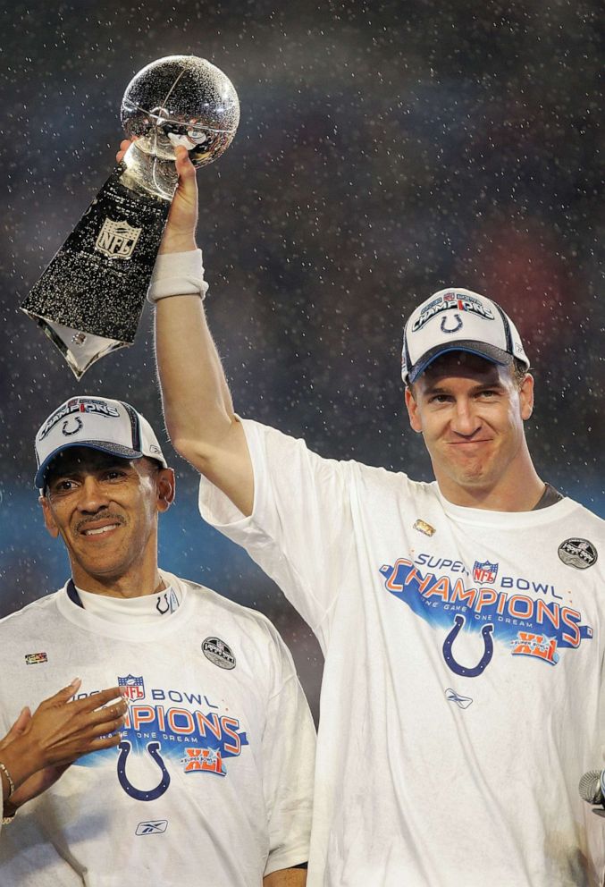 PHOTO: Super Bowl MVP Peyton Manning celebrates with the Vince Lombardi Trophy, next to head coach Tony Dungy, after the Colts 29-17 win against the Chicago Bears in Super Bowl XLI on Feb. 4, 2007 at Dolphin Stadium in Miami Gardens, Fla.