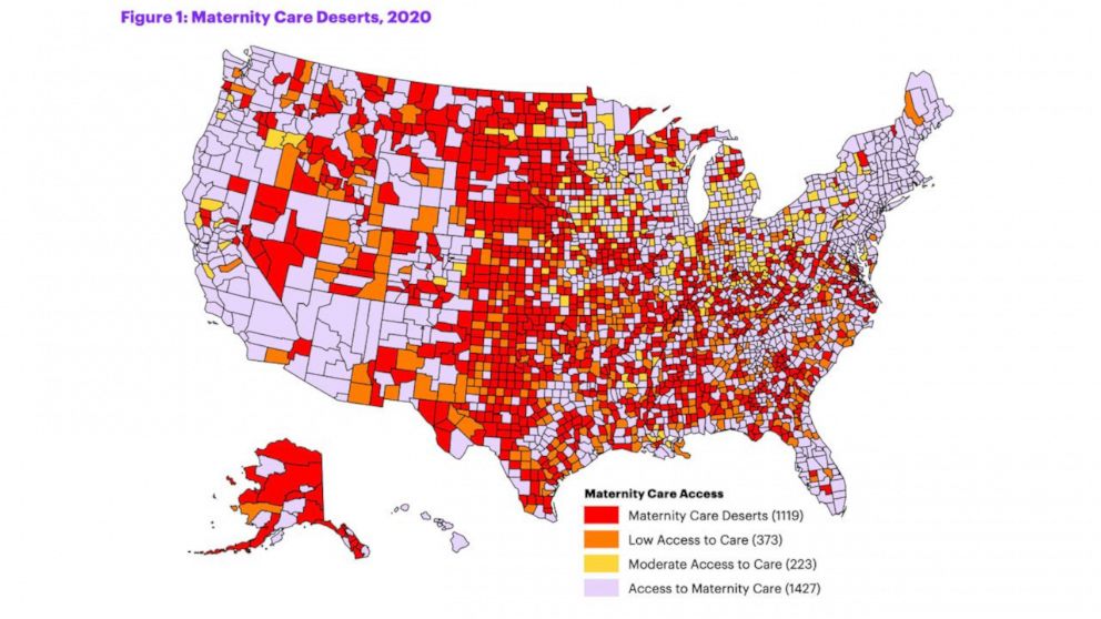 PHOTO: A map shows areas of the United States that lack access to maternal health care.