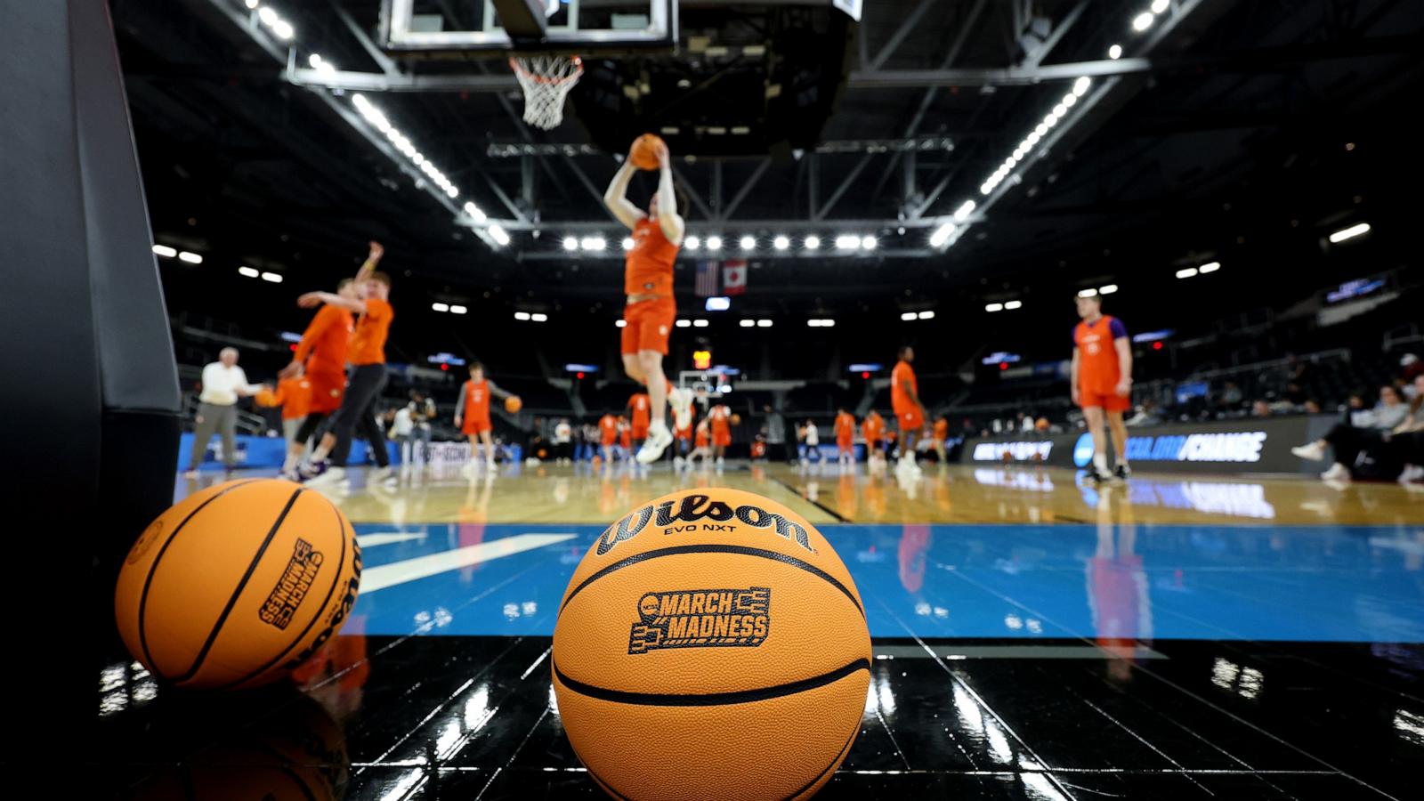 PHOTO: The March Madness logo is pictured on a Wilson basketball at Amica Mutual Pavillion as the Clemson Tigers practice ahead of the NCAA Men's Basketball Tournament, on March 19, 2025, in Providence, Rhode Island.