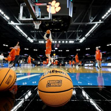 PHOTO: The March Madness logo is pictured on a Wilson basketball at Amica Mutual Pavillion as the Clemson Tigers practice ahead of the NCAA Men's Basketball Tournament, on March 19, 2025, in Providence, Rhode Island.