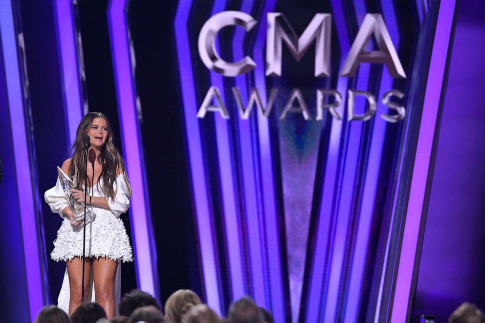 PHOTO: Maren Morris accepts the award for album of the year for "Girl" at the 53rd annual CMA Awards at Bridgestone Arena, Wednesday, Nov. 13, 2019, in Nashville, Tenn. 