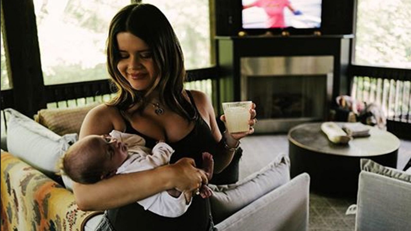 PHOTO: Country singer Maren Morris is pictured, holding her newborn son Hayes, in a photo posted to her Instagram account on April 10, 2020, with the text, "Thirty, social distancing and thriving."