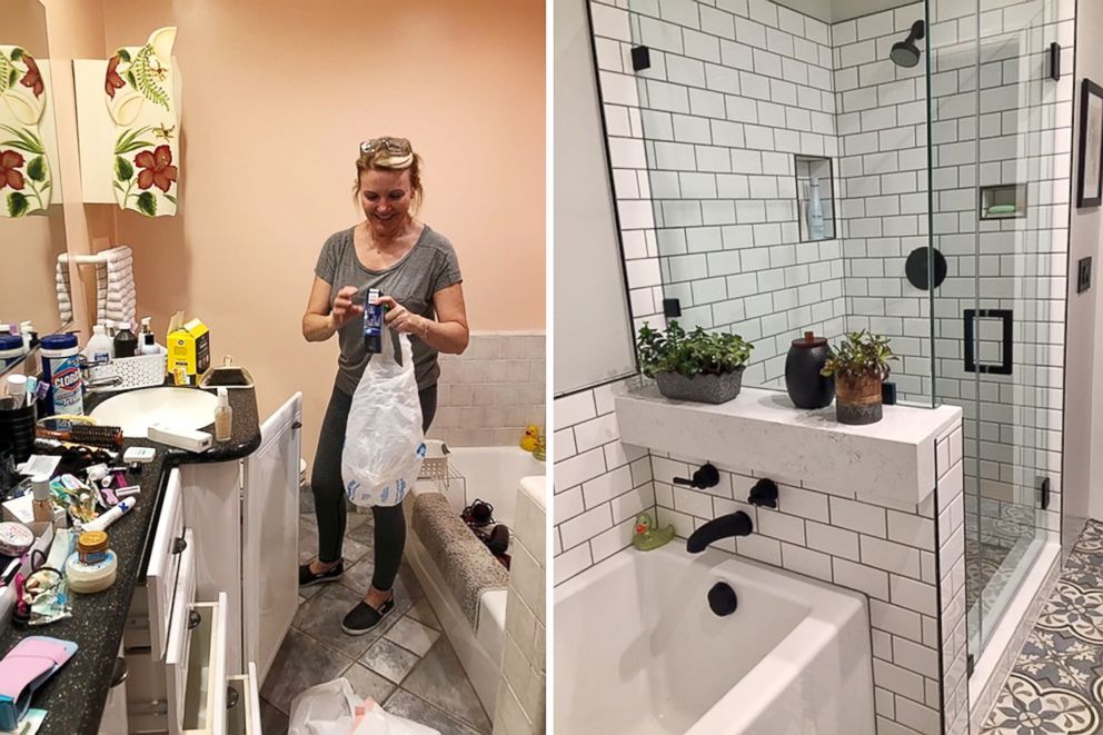 PHOTO: A bathroom in Margie Hodges' California home is pictured before, left, and after she appeared on "Tidying Up" on Netflix.