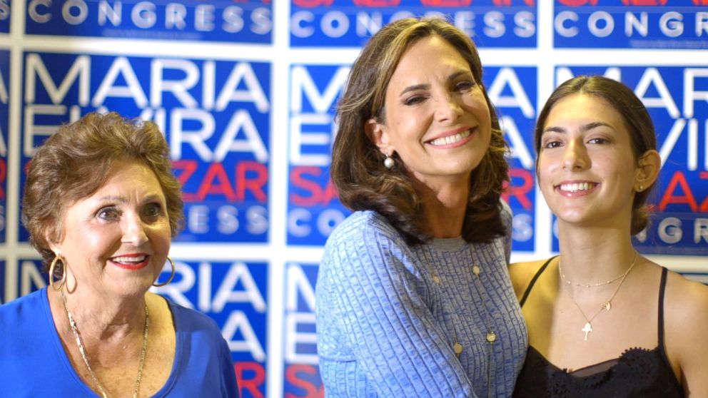 PHOTO:  Maria Elvira Salazar, a Republican candidate in Florida's 27th congressional district pictured alongside her mother and daughter.