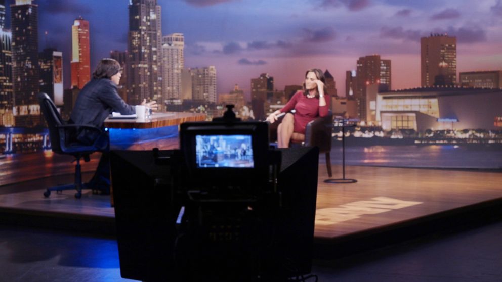 PHOTO: Republican congressional Maira Elvira Salazar is interviewed at Mega TV following the Florida primary.