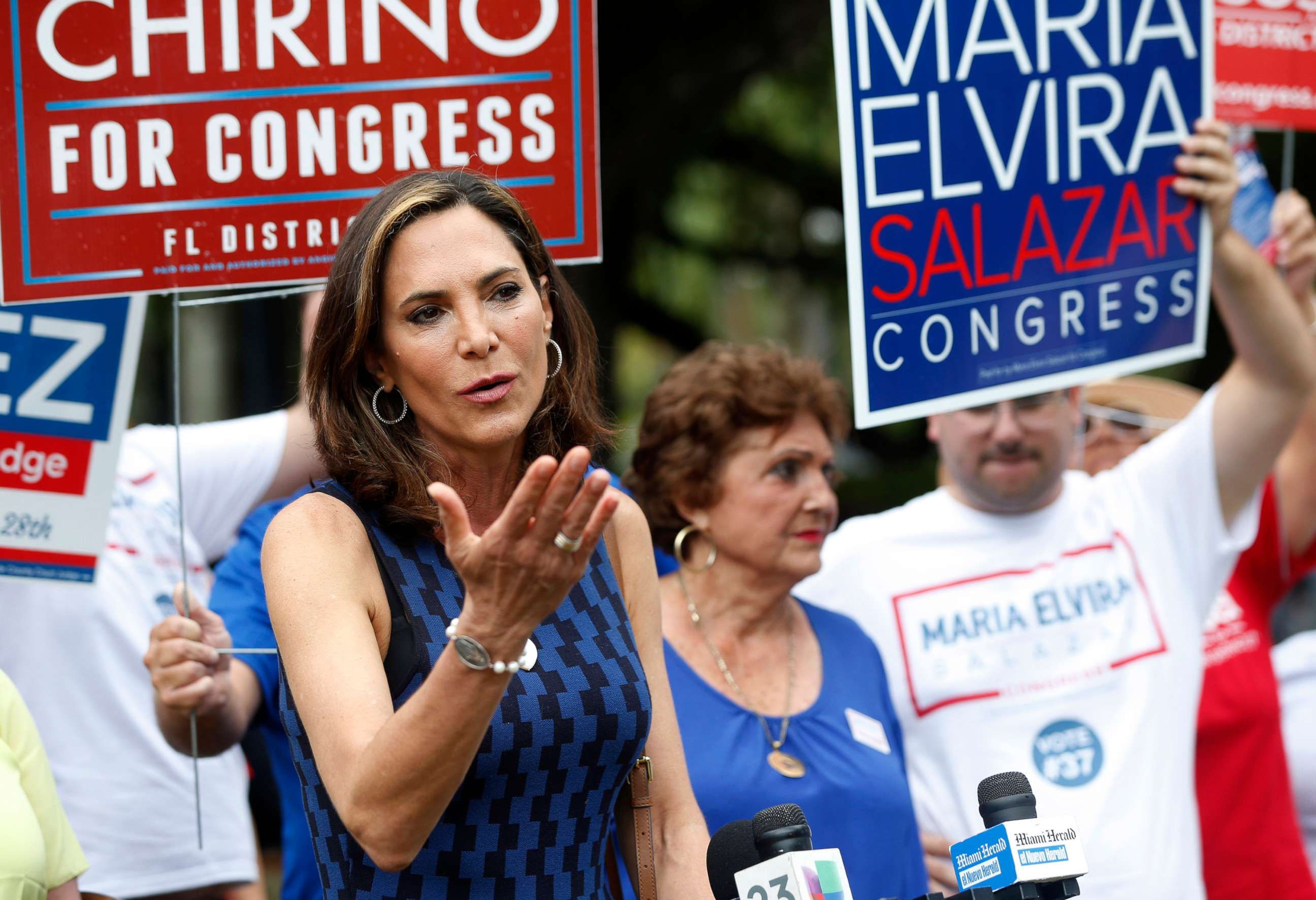 PHOTO: In this file photo, Maria Elvira Salazar speaks with members of the media outside a polling station at the Coral Gables Branch Library, during the 2018 Florida primary election, in Coral Gables, Fla., Aug. 28, 2018.