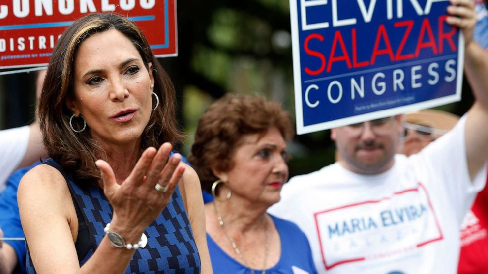 PHOTO: In this file photo, Maria Elvira Salazar speaks with members of the media outside a polling station at the Coral Gables Branch Library, during the 2018 Florida primary election, in Coral Gables, Fla., Aug. 28, 2018.