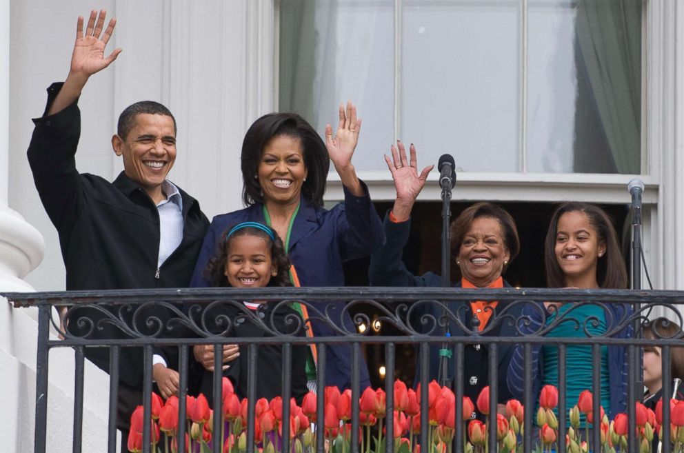 PHOTO: President Barack Obama waves alongside First Lady Michelle Obama, their daughters Sasha and Malia and Marian Robinson, Michelle's mother, during the annual White House Easter Egg Roll in Washington, April 13, 2009.