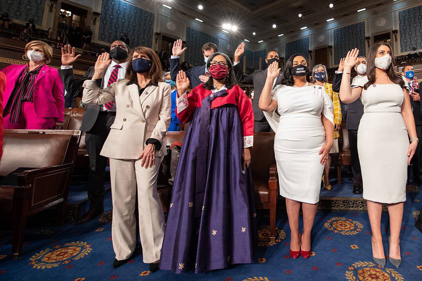 PHOTO: Marilyn Strickland, center, wore a Hanbok to symbolize her Korean heritage at the swearing-in ceremony for new members of the U.S. House of Representatives in Washington, Jan. 3, 2021.