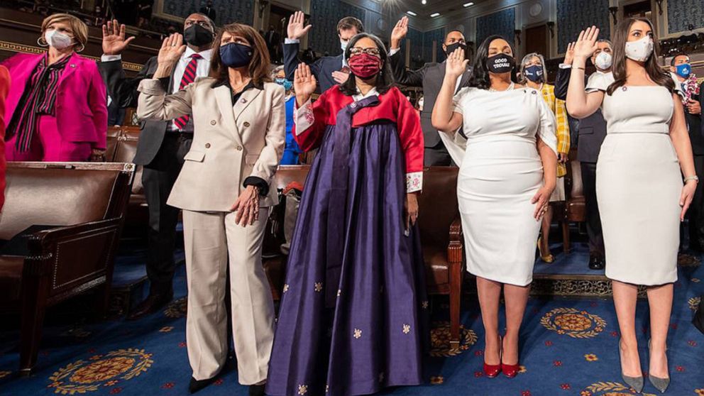 PHOTO: Marilyn Strickland, center, wore a Hanbok to symbolize her Korean heritage at the swearing-in ceremony for new members of the U.S. House of Representatives in Washington, Jan. 3, 2021.