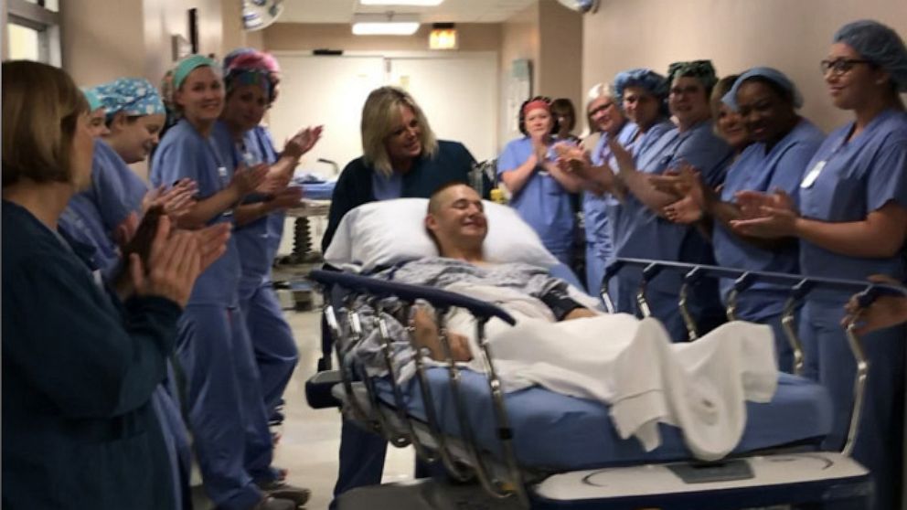 PHOTO: Micah Winter was unable to attend his graduation from Marine boot camp due to surgery, so hospital staff created a ceremony to honor him.