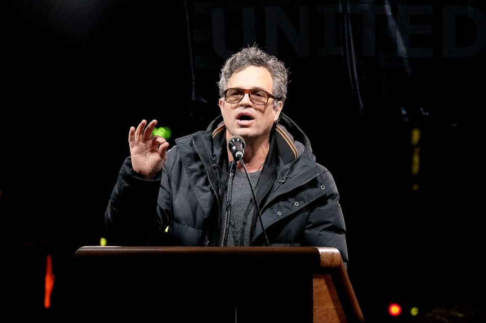 PHOTO: Mark Ruffalo speaks onstage during the We Stand United New York City rally outside Trump International Hotel, Jan. 19, 2017.