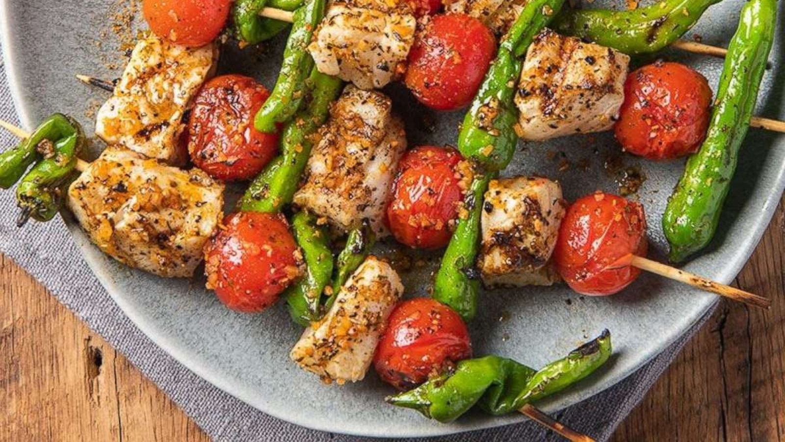 PHOTO: Garlic and herb grilled halibut skewers.