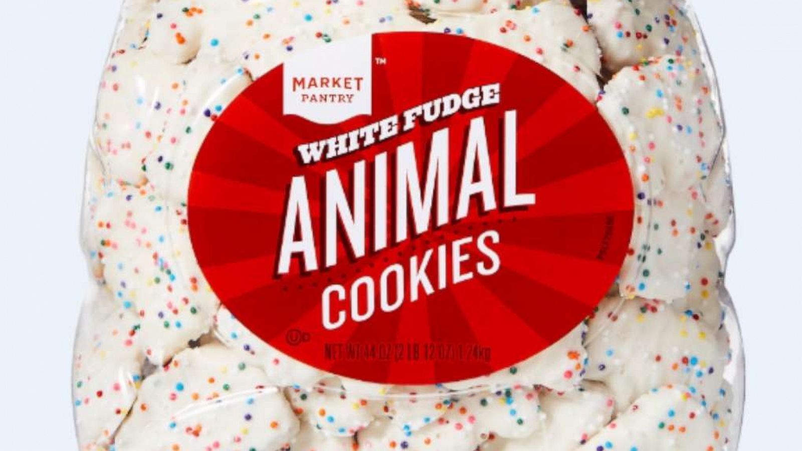 PHOTO: A bear-shaped plastic jug of white fudge animal cookies.