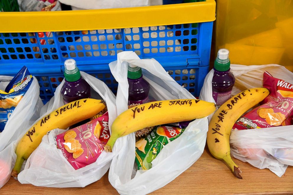 PHOTO: Messages written on fruit by Meghan, Duchess of Sussex when she was helping to prepare food parcels to go in the charity outreach van, are pictured at One25 in Bristol, Britain, Feb. 1, 2019.