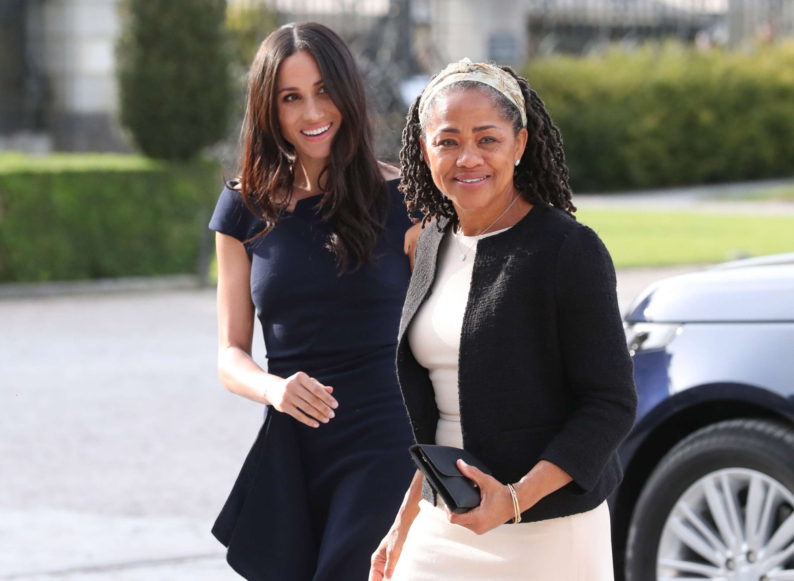 PHOTO: Meghan Markle and her mother, Doria Ragland arrive at Cliveden House Hotel on the National Trust's Cliveden Estate, May 18, 2018, in Berkshire, England.
