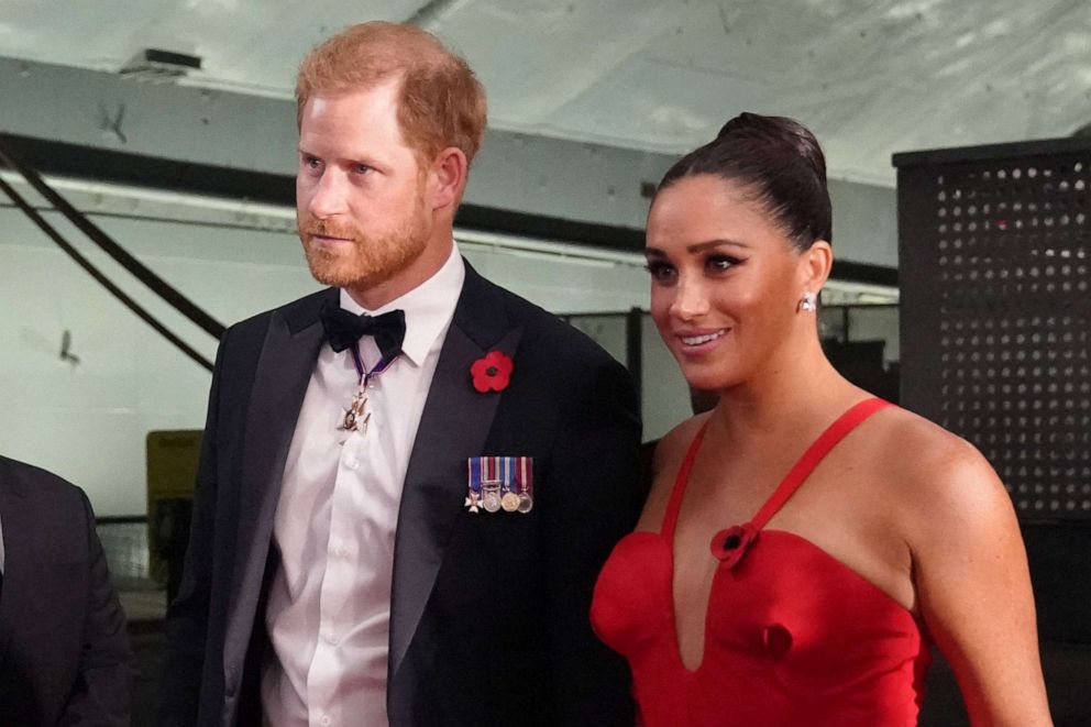 PHOTO: Britain's Prince Harry, Duke of Sussex and Meghan, Duchess of Sussex, arrive to the Intrepid, Sea Air & Space Museum's inaugural Intrepid Valor Awards, Nov. 10, 2021, in N.Y.