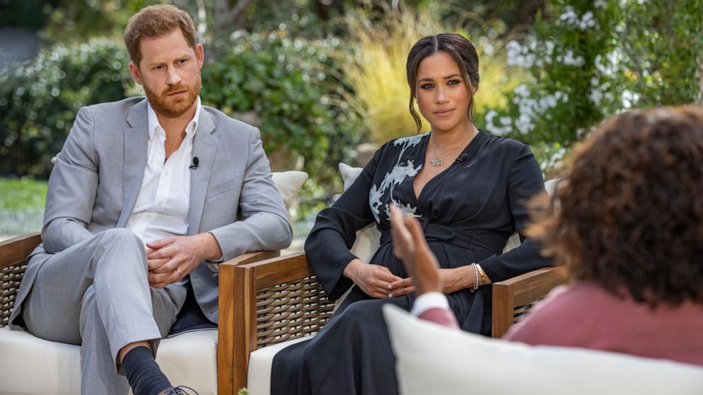 PHOTO: This image provided by Harpo Productions shows Prince Harry, from left, and Meghan, The Duchess of Sussex, in conversation with Oprah Winfrey.