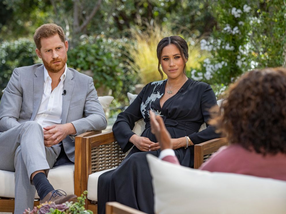 PHOTO: This image provided by Harpo Productions shows Prince Harry, from left, and Meghan, The Duchess of Sussex, in conversation with Oprah Winfrey.