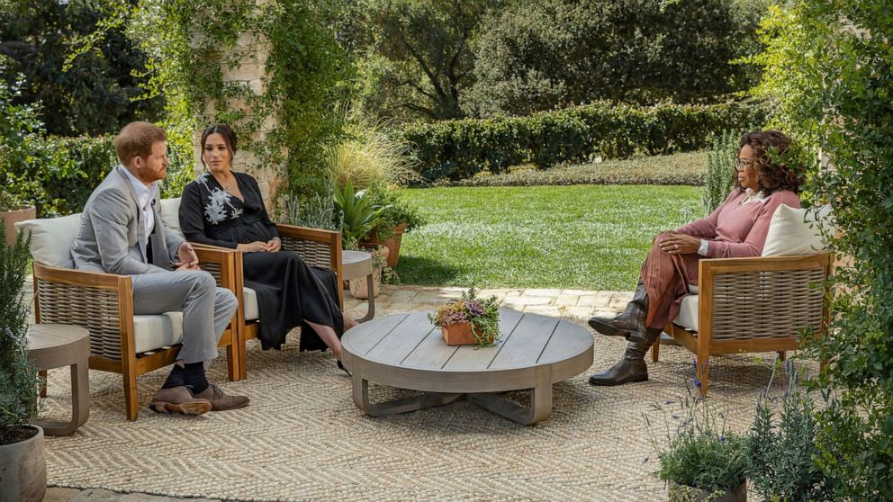 PHOTO: This image provided by Harpo Productions shows Prince Harry, from left, and Meghan, The Duchess of Sussex, in conversation with Oprah Winfrey.