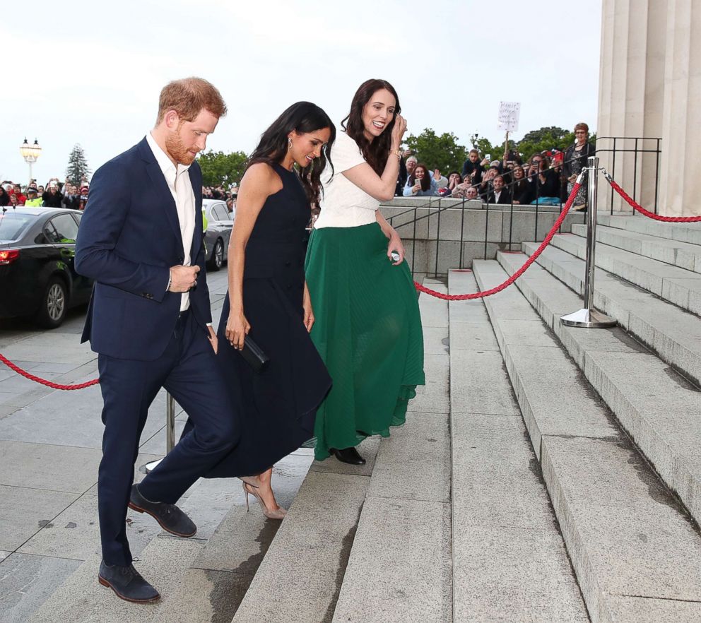 PHOTO: Prince Harry, Duke of Sussex and Meghan Markle, Duchess of Sussex arrive for Prime Minister Jacinda Ardern's right, reception at Auckland War Memorial Museum, Oct. 30, 2018, in Auckland, New Zealand.