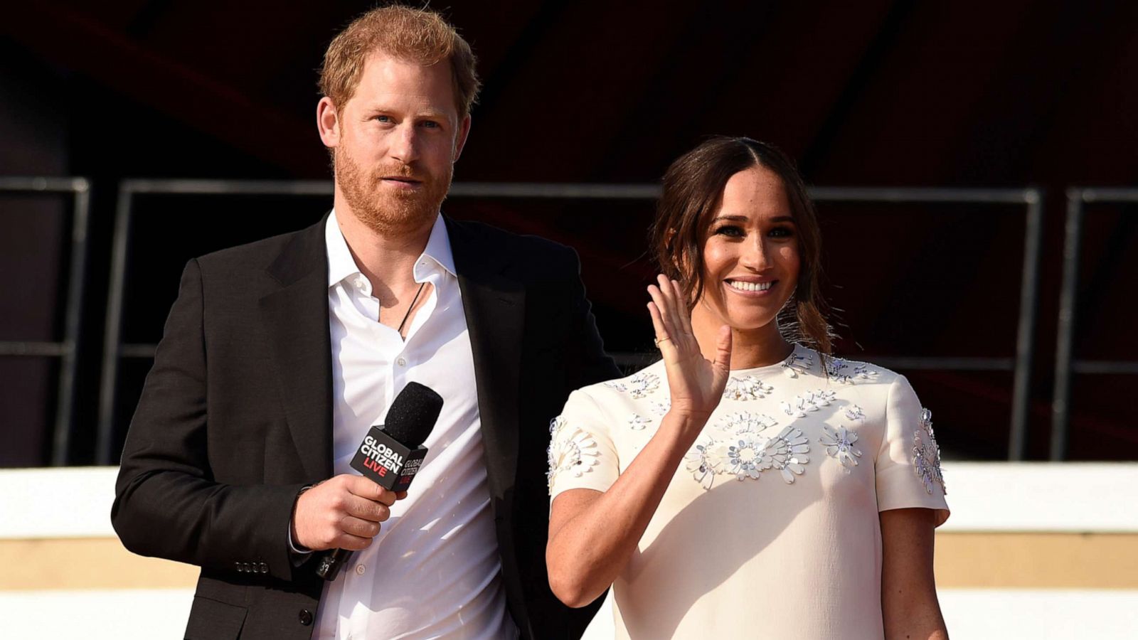 PHOTO: Prince Harry, the Duke of Sussex, left, and Meghan, the Duchess of Sussex speak at Global Citizen Live in Central Park on Saturday, Sept. 25, 2021, in New York.