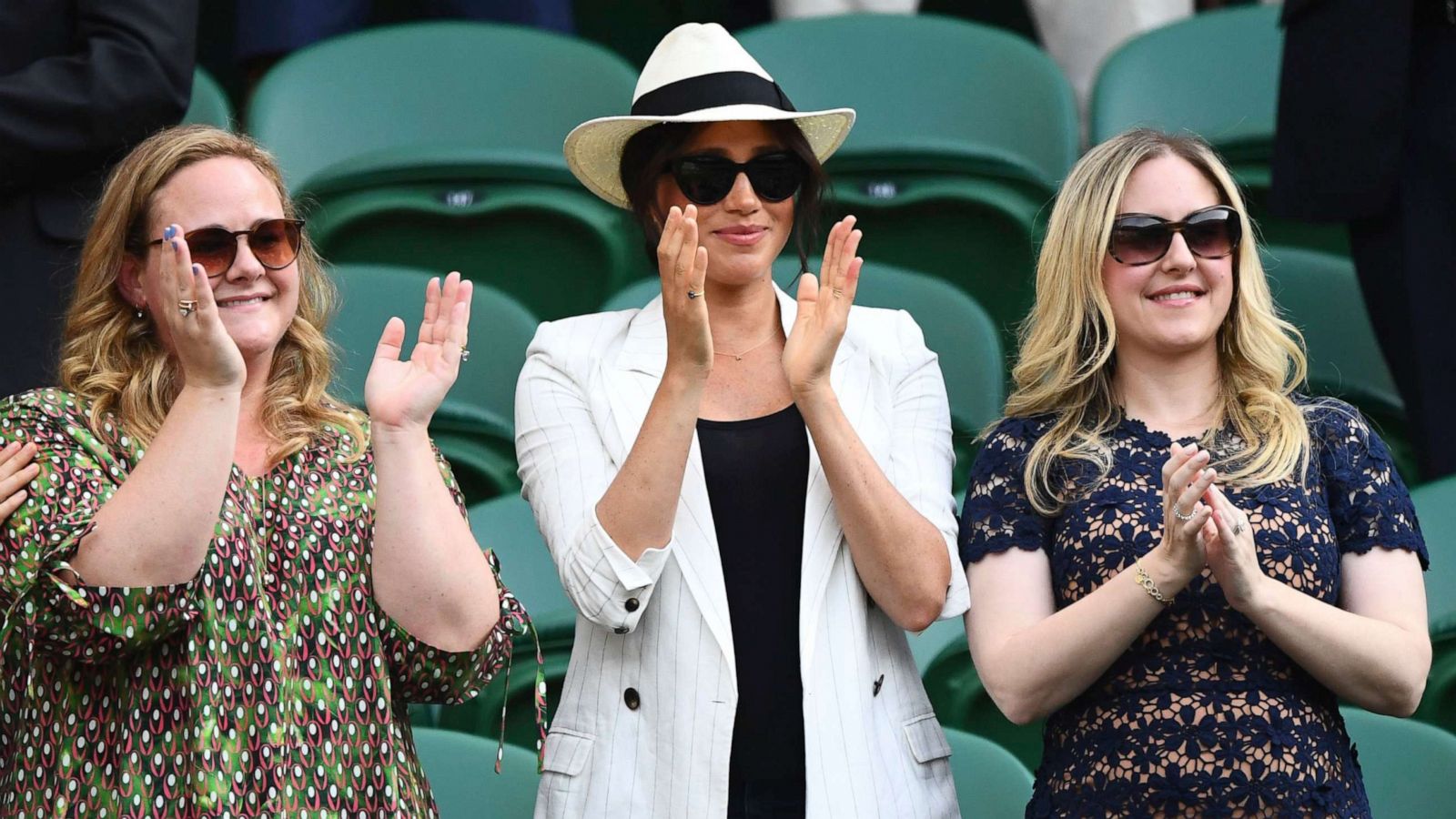 PHOTO: Meghan Duchess of Sussex celebrates the win of Serena Williams at the Wimbledon Tennis Championships at The All England Lawn Tennis and Croquet Club, London, July 4, 2019.