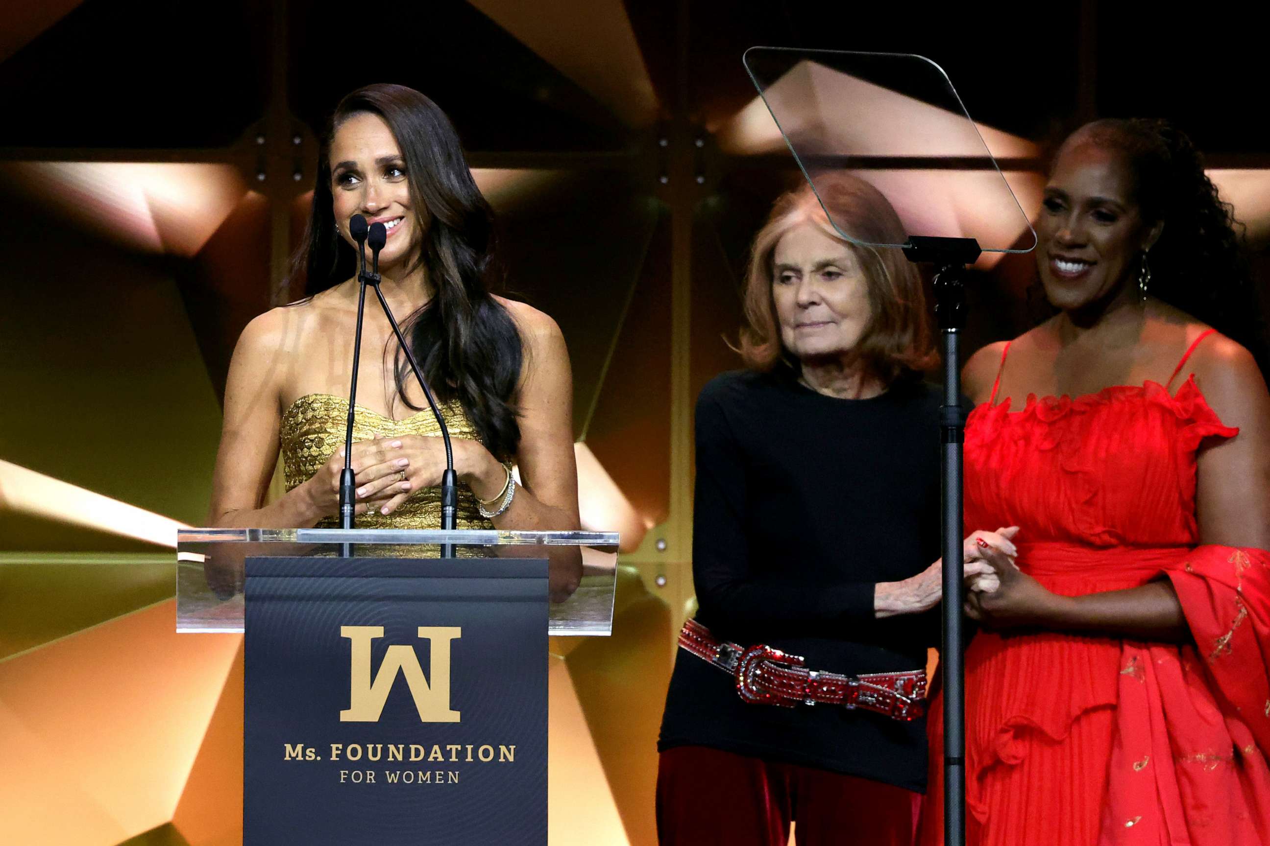 PHOTO: Woman of Vision Meghan, The Duchess of Sussex speaks onstage with Gloria Steinem and Teresa Younger during the Ms. Foundation Women of Vision Awards: Celebrating Generations of Progress & Power at Ziegfeld Ballroom on May 16, 2023 in New York City.