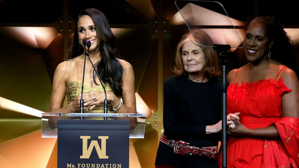 PHOTO: Woman of Vision Meghan, The Duchess of Sussex speaks onstage with Gloria Steinem and Teresa Younger during the Ms. Foundation Women of Vision Awards: Celebrating Generations of Progress & Power at Ziegfeld Ballroom on May 16, 2023 in New York City.