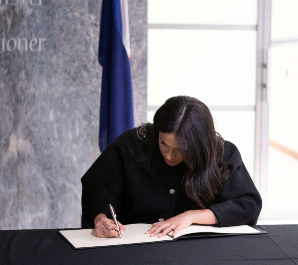 PHOTO: Britain's Meghan, Duchess of Sussex visits the New Zealand High Commission to sign a book of condolence on behalf of the Royal Family, in London, March 19, 2019.