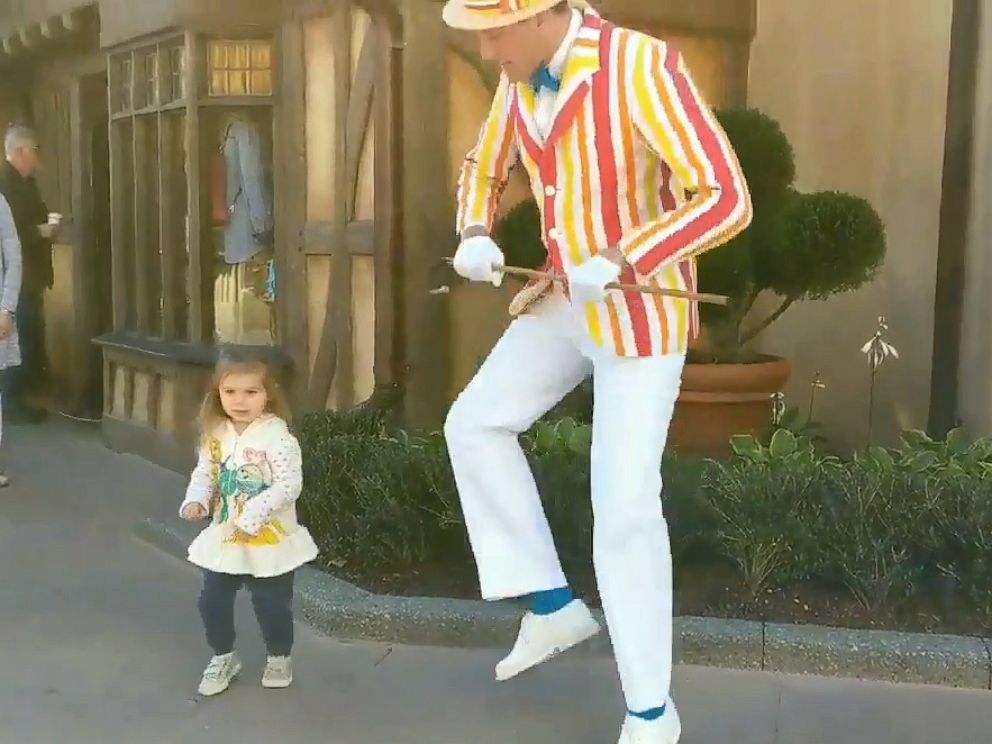 PHOTO: Marceline Raider, 2, joined Mary Poppins friend Bert in performing the penguin dance which was made famous by Dick Van Dyke in the 1964 Disney film.