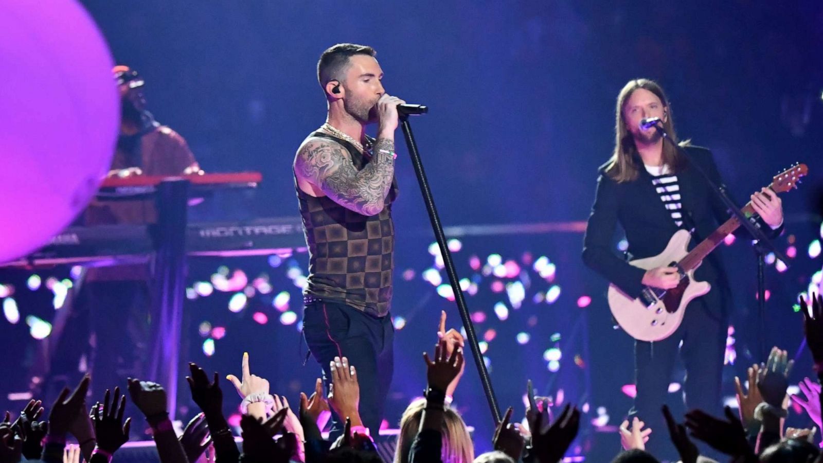 PHOTO: Adam Levine and James Valentine of Maroon 5 perform during the Pepsi Super Bowl LIII Halftime Show at Mercedes-Benz Stadium, Feb. 3, 2019, in Atlanta, Georgia.