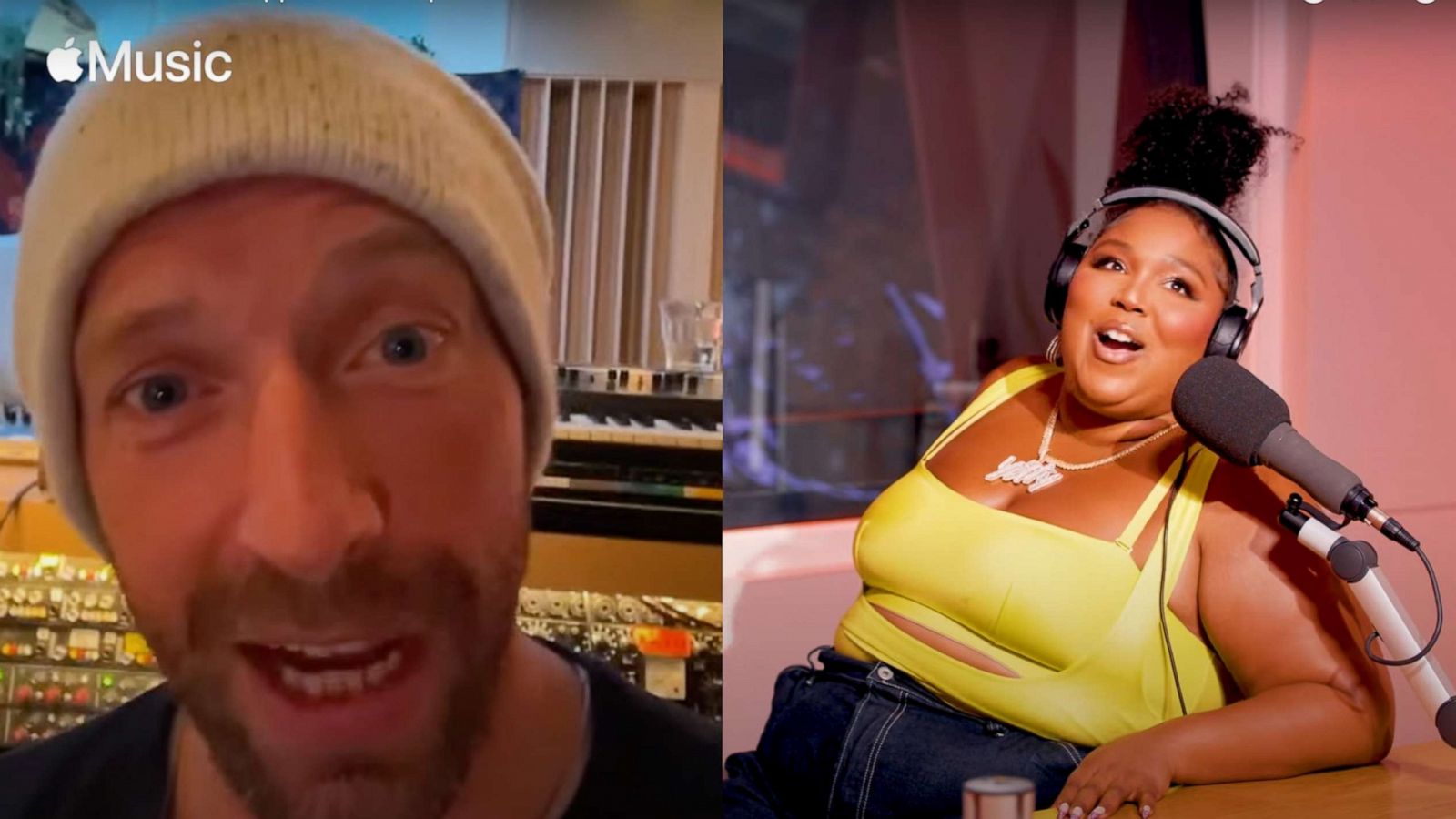 PHOTO: Chris Martin surprises Lizzo after she tells Apple Music’s Zane Lowe about her new song "Coldplay."