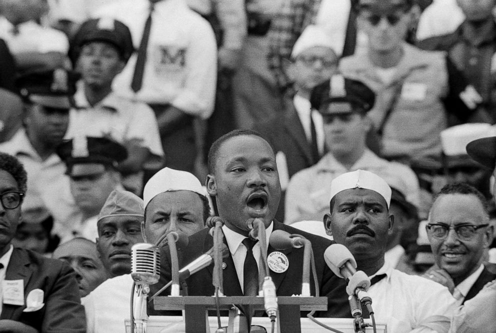 PHOTO: Dr. Martin Luther King, Jr. delivers his famous "I Have a Dream" speech in front of the Lincoln Memorial during the Freedom March on Washington in 1963.