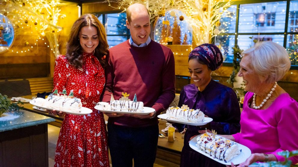 PHOTO: Britain's Prince William and Kate, the Duchess of Cambridge pose for a photo with TV personalities Nadiya Hussain and Mary Berry for the BBC1 program "A Berry Royal Christmas," due to be screened on Dec. 16, 2019.