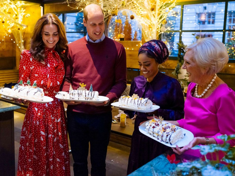 PHOTO: Britain's Prince William and Kate, the Duchess of Cambridge pose for a photo with TV personalities Nadiya Hussain and Mary Berry for the BBC1 program "A Berry Royal Christmas," due to be screened on Dec. 16, 2019.