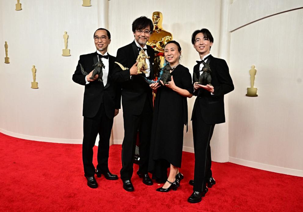 PHOTO: (From L) Masaki Takahashi, Japanese film director Takashi Yamazaki, Kiyoko Shibuya and Tatsuji Nojima attend the 96th Annual Academy Awards at the Dolby Theatre in Hollywood on March 10, 2024.