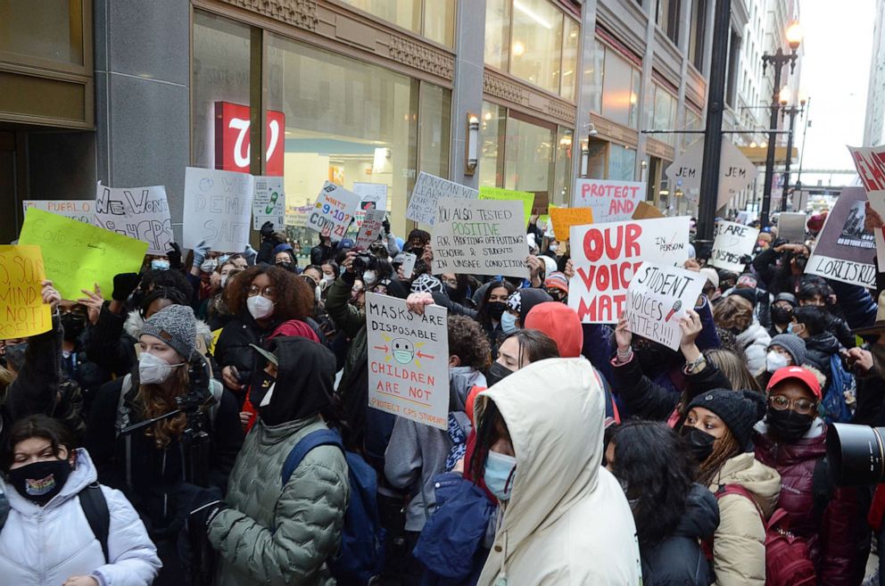 PHOTO: Students held a walkout to demand a voice in the ongoing battle between the school district and the teacher's union over COVID-19 safety measures, Jan. 14, 2022, gathering in front of Chicago Public School headquarters in Chicago.